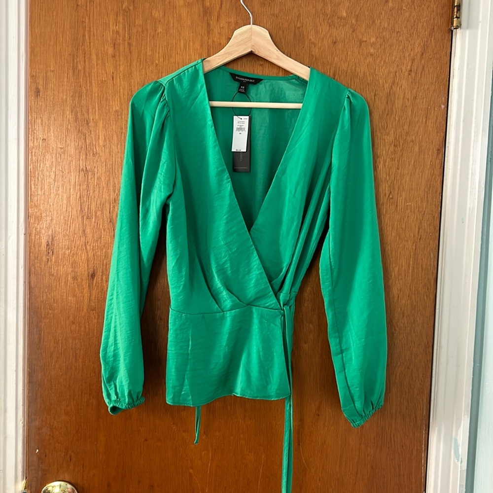 Bright green wrap around top, silky fabric
